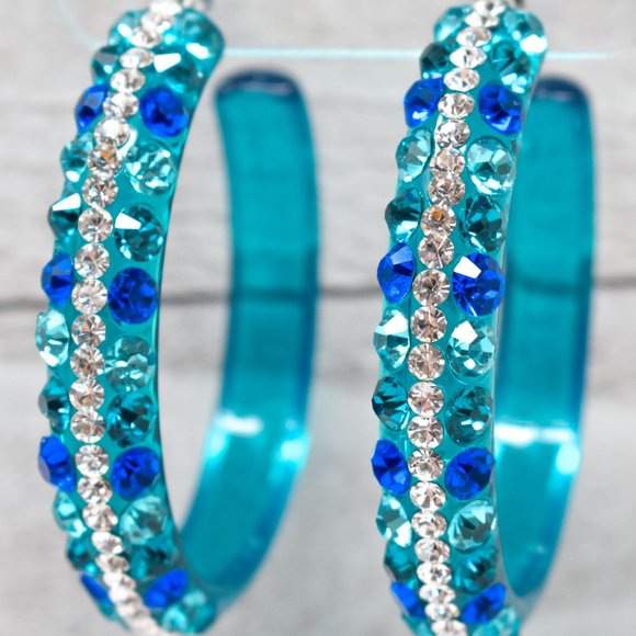 2.5" Clear Teal Lucite Blue Tones Rhinestone Hoops - Picture 3 of 10